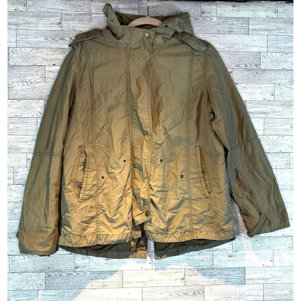 A.N.A Women's Tan Hooded Parka Jacket Size‎ XL Snap Broken Zipper Utility Coat
